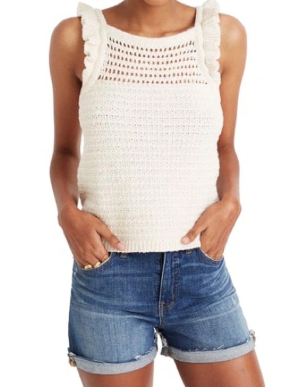 Madewell Sleeveless Crochet Ruffle-Trim Top in Cream
